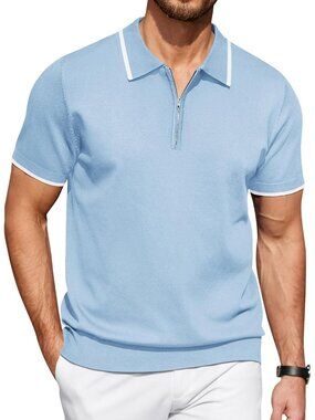 Men's Light Blue Zipper Polo Shirt Casual Knit Short Sleeve Classic Fit Tee Styl